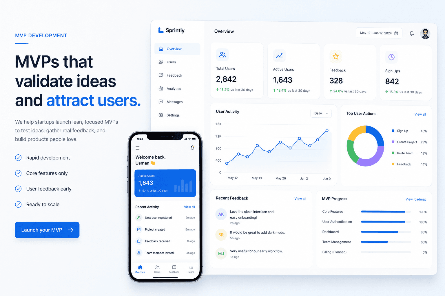 MVP product overview with desktop and mobile SaaS dashboard showing user analytics and launch progress