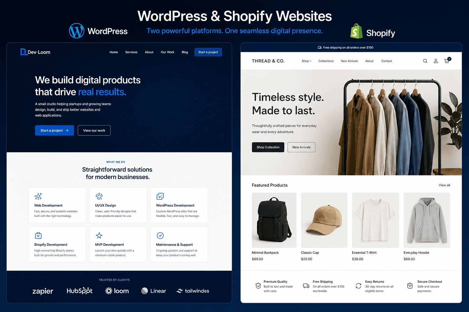 WordPress marketing website and Shopify storefront examples side by side