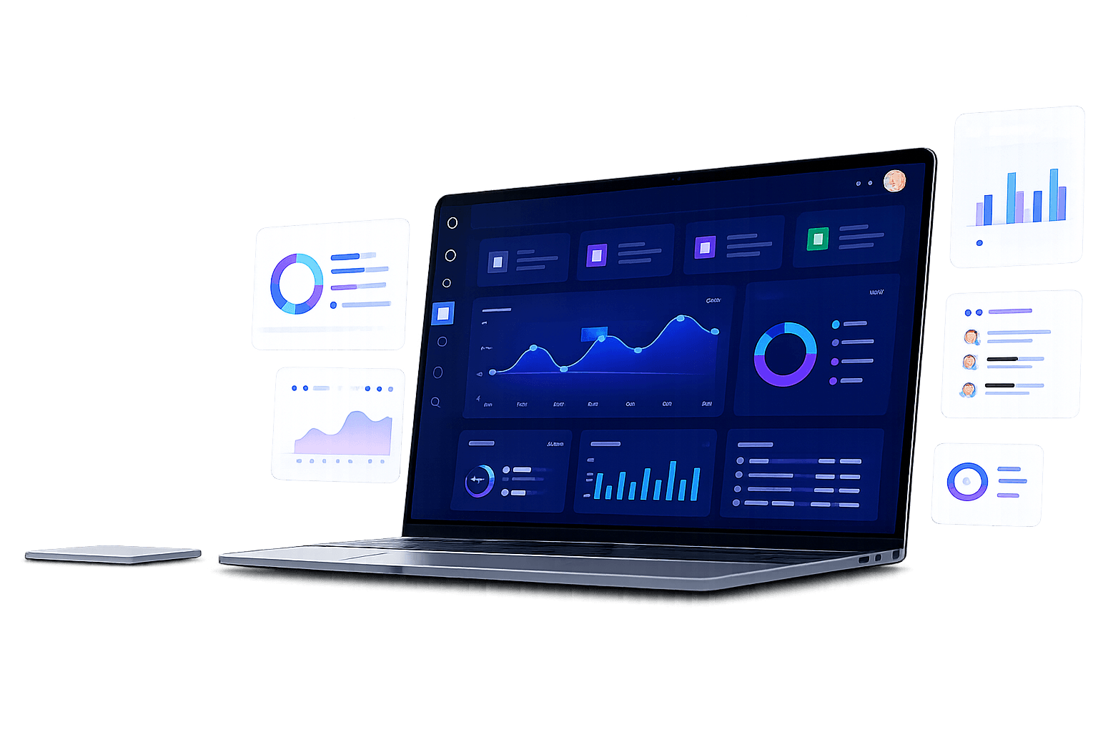 Laptop showing a product dashboard with analytics and floating interface panels